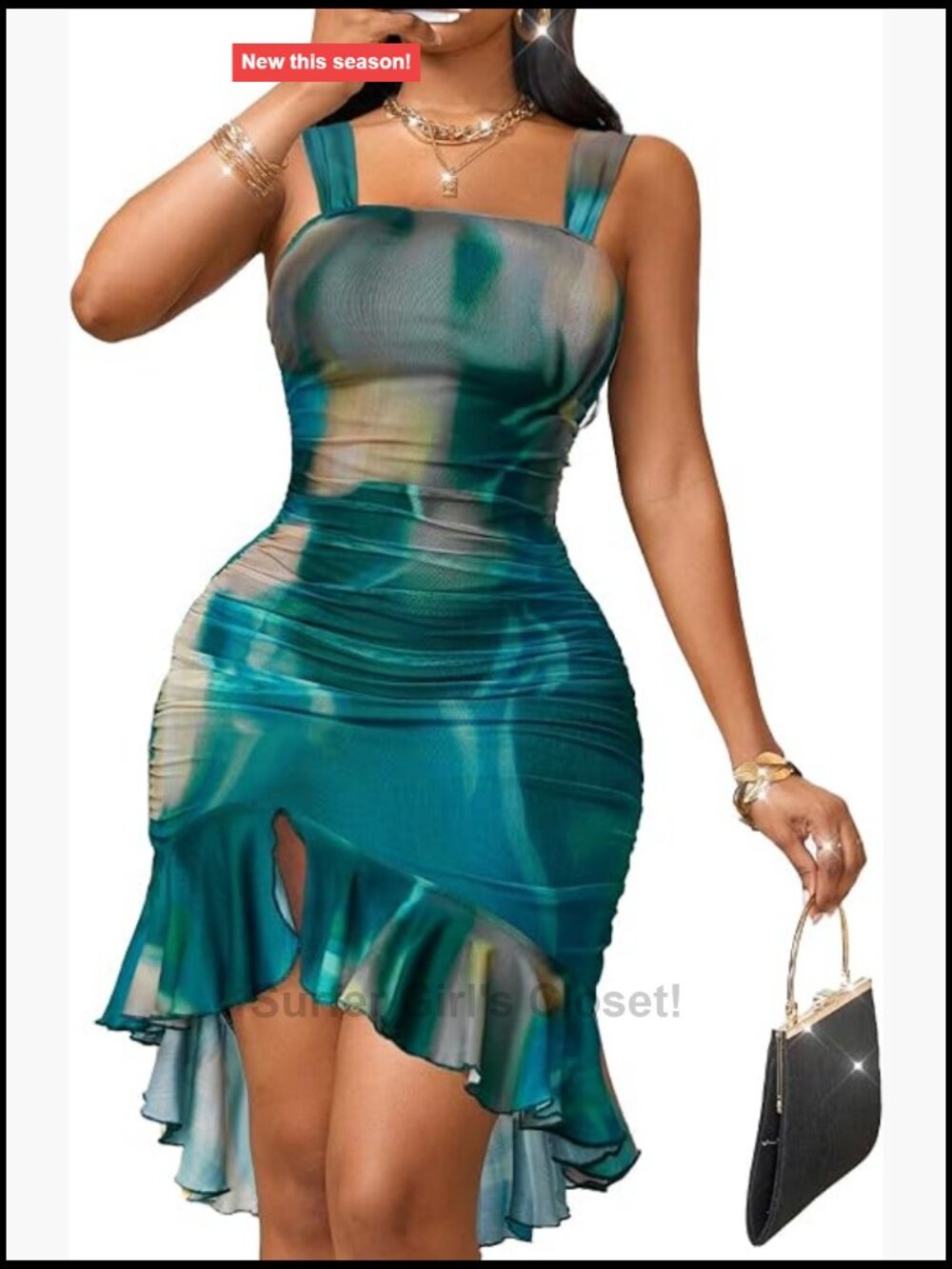 Ruched Mesh Bodycon Midi Dress Square Neck Ruffle Hem Party Club Sleeveless